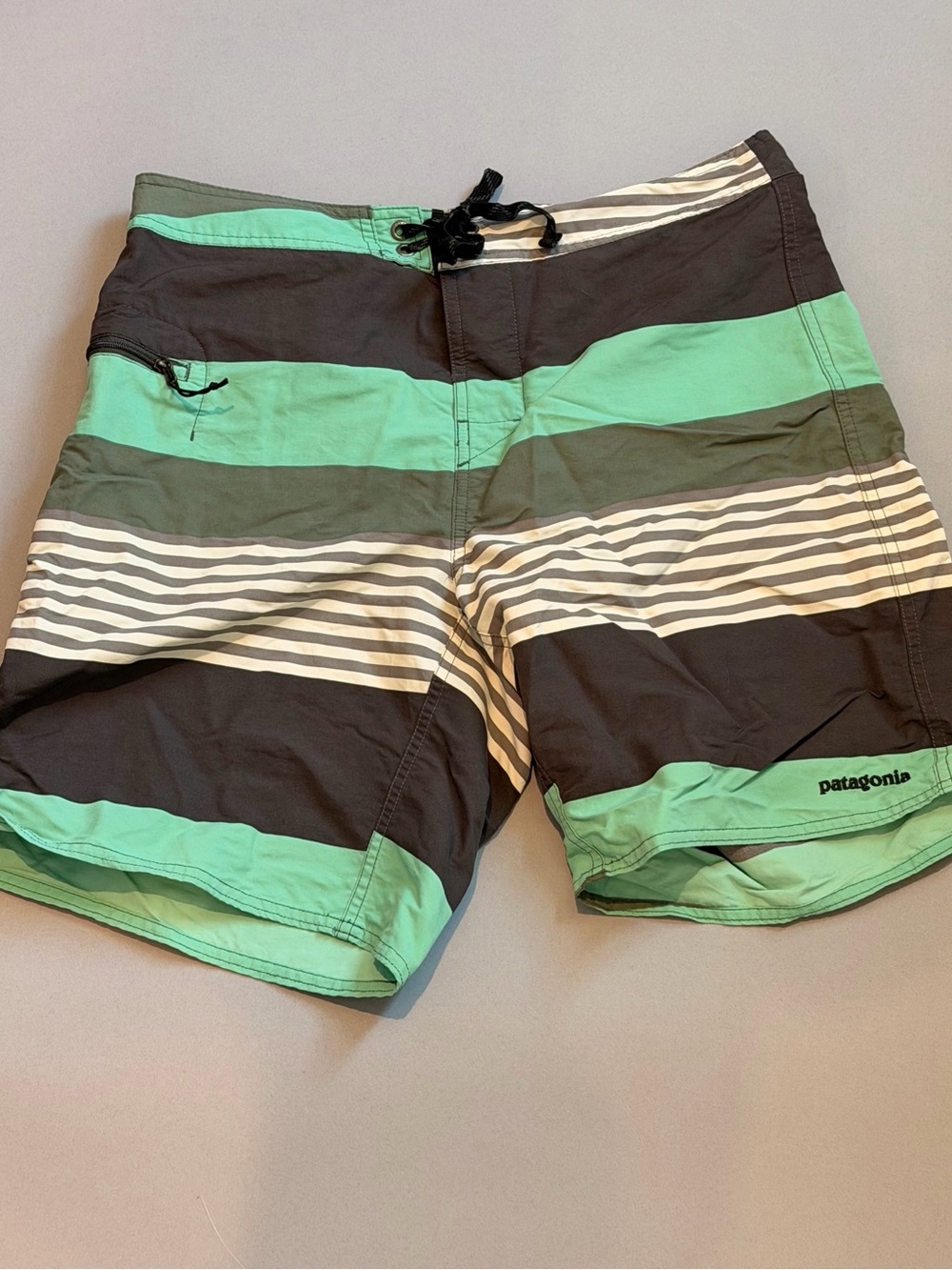 Patagonia Mint Green, Black & White Striped Men's Board Shorts